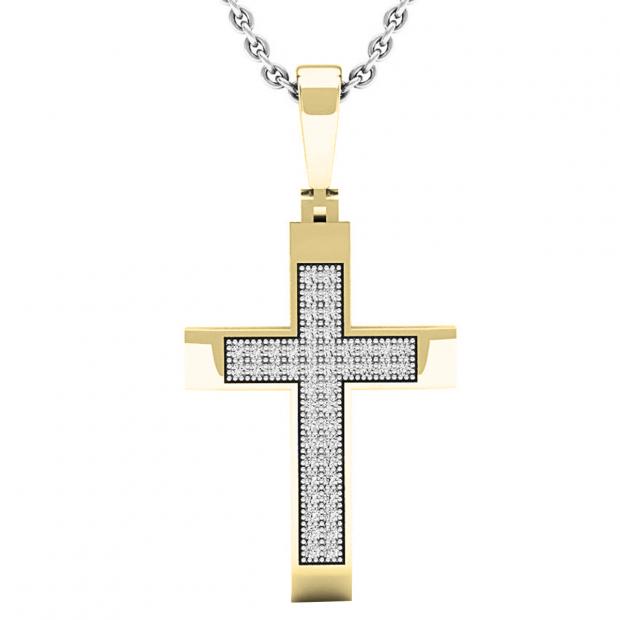0.15 Carat (ctw) 10K Yellow Gold Round White Diamond Ladies Micro Pave Cross Pendant