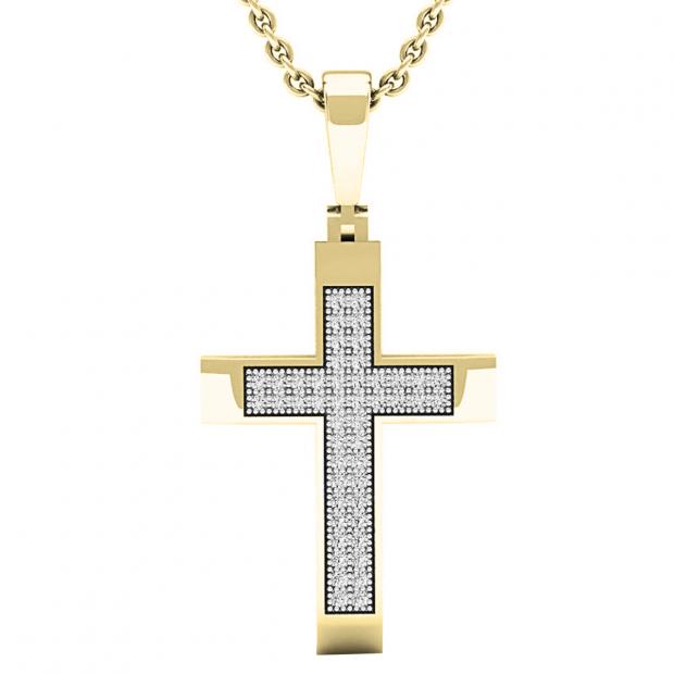 0.15 Carat (ctw) 10K Yellow Gold Round White Diamond Ladies Micro Pave Cross Pendant
