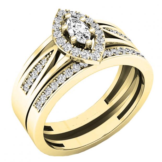0.48 Carat (ctw) 10K Yellow Gold Marquise & Round White Diamond Bridal Engagement Ring Set 1/2 CT