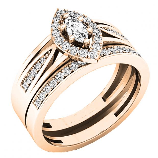 0.48 Carat (ctw) 14K Rose Gold Marquise & Round White Diamond Bridal Engagement Ring Set 1/2 CT