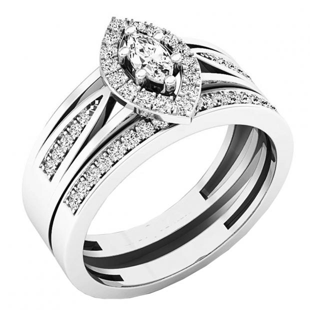 0.48 Carat (ctw) 14K White Gold Marquise & Round White Diamond Bridal Engagement Ring Set 1/2 CT