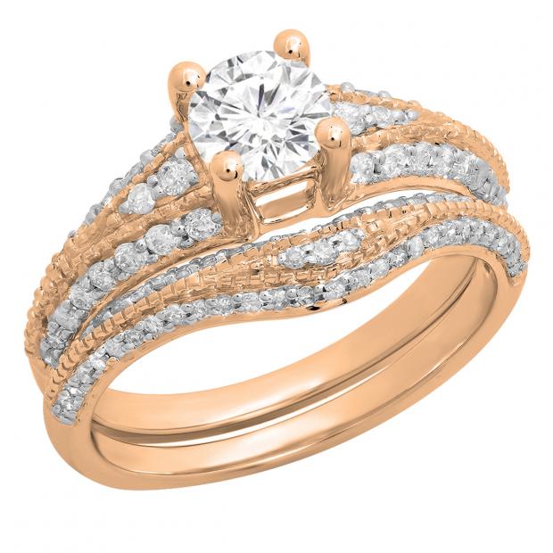 1.33 Carat (ctw) 18K Rose Gold Round White Diamond Ladies Vintage Style Engagement Ring Set