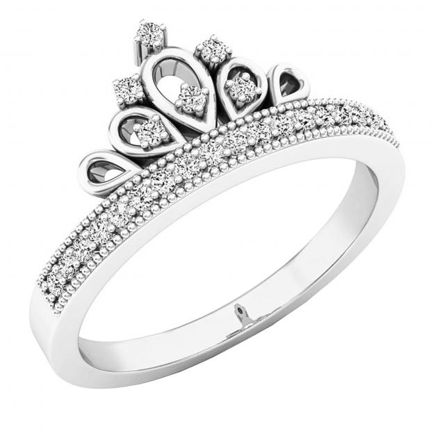 0.20 Carat (ctw) 10K White Gold Round White Diamond Ladies Bridal Crown Engagement Ring
