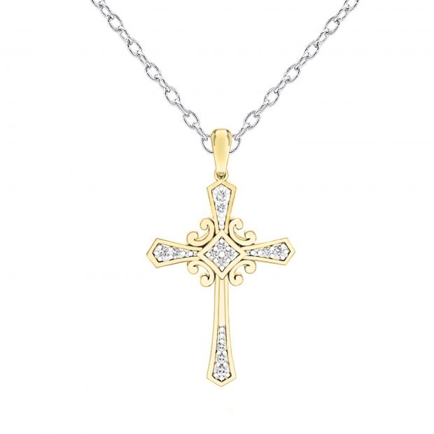 0.10 Carat (ctw) 10K Yellow Gold Round White Diamond Cross Pendant 1/10 CT (Silver Chain Included)