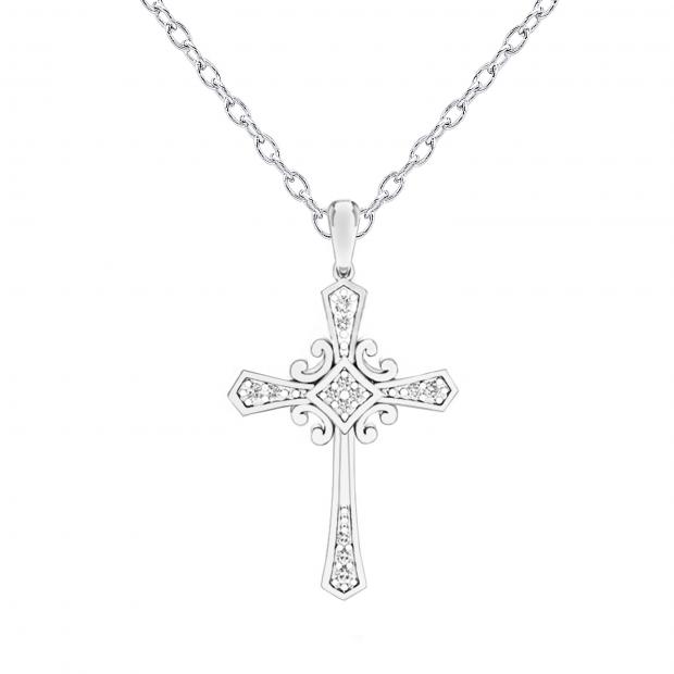 0.10 Carat (ctw) 14K White Gold Round White Diamond Cross Pendant 1/10 CT (Silver Chain Included)