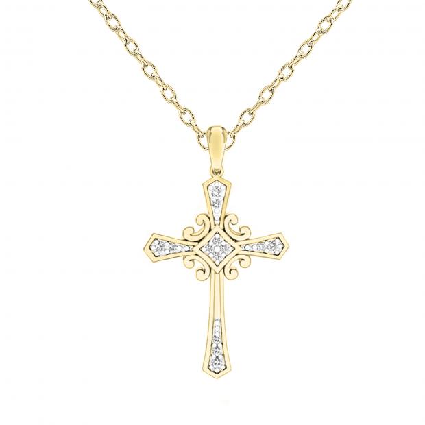 0.10 Carat (ctw) 10K Yellow Gold Round White Diamond Cross Pendant 1/10 CT (Gold Chain Included)