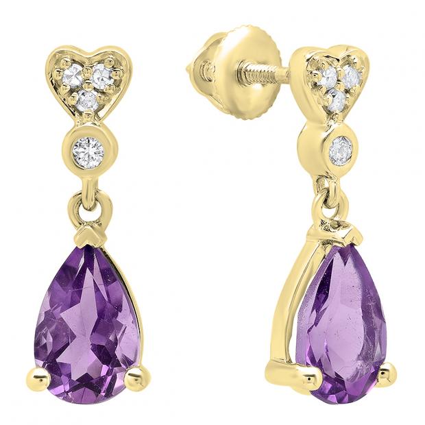 14K Yellow Gold 8X5 MM Each Pear Amethyst & Round White Diamond Ladies Dangling Drop Earrings