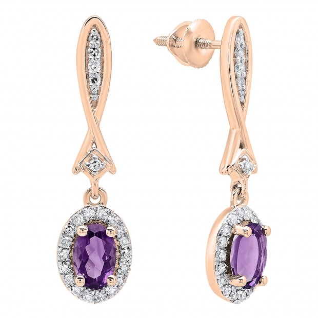 10K Rose Gold 6X4 MM Each Oval Amethyst & Round White Diamond Ladies Dangling Drop Earrings