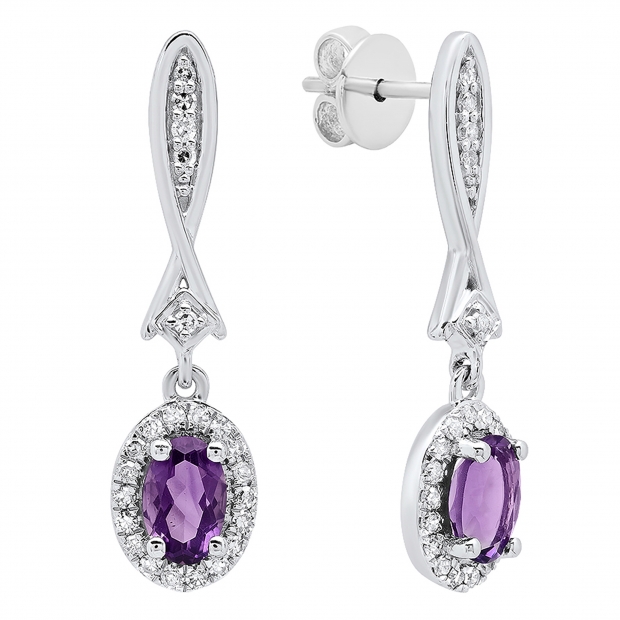 10K White Gold 6X4 MM Each Oval Amethyst & Round White Diamond Ladies Dangling Drop Earrings