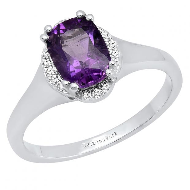 18K White Gold 8X6 MM Cushion Amethyst & Round White Diamond Ladies Bridal Engagement Ring