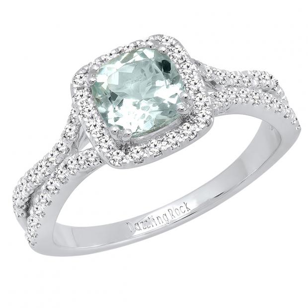 14K White Gold 6 MM Cushion Aquamarine & Round White Diamond Ladies Split Shank Engagement Ring