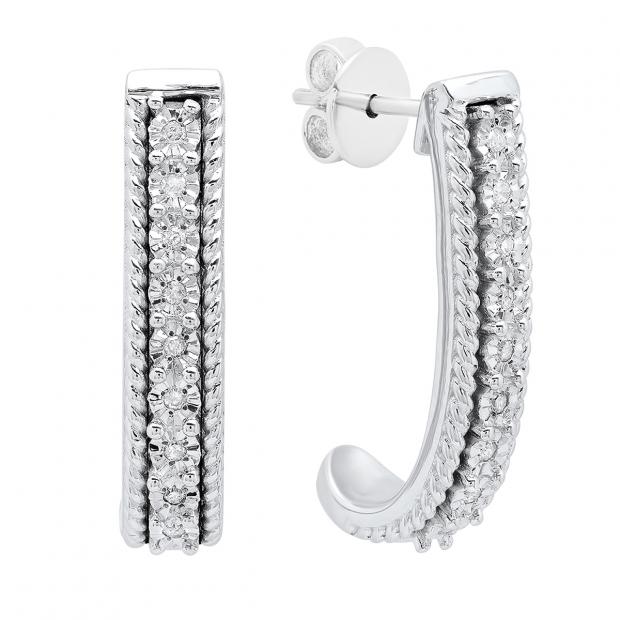 0.10 Carat (ctw) Sterling Silver White Diamond Ladies J Shape Hoop Earrings 1/10 CT