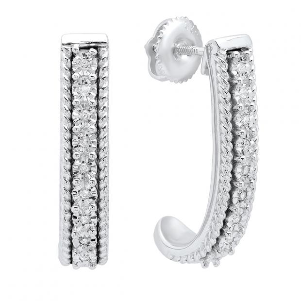 0.10 Carat (ctw) Sterling Silver White Diamond Ladies J Shape Hoop Earrings 1/10 CT