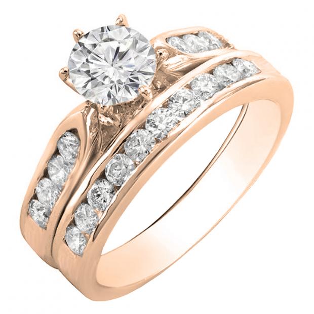 1.15 Carat (ctw) Round Diamond Ladies Engagement Ring Set With Matching Band 18K Rose Gold