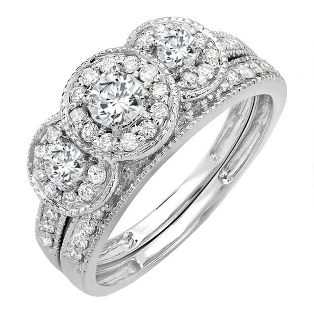 0.98 Carat (ctw) 10K White Gold Round White Diamond Ladies 3 Stone Engagement Ring Set 1 CT