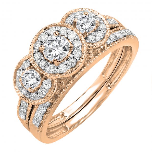 0.98 Carat (ctw) 14K Rose Gold Round White Diamond Ladies 3 Stone Engagement Ring Set 1 CT