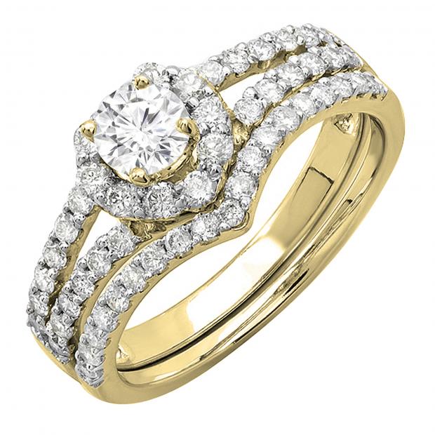 0.98 Carat (ctw) 10K Yellow Gold Round White Diamond Ladies Heart Shape Engagement Ring Set 1 CT