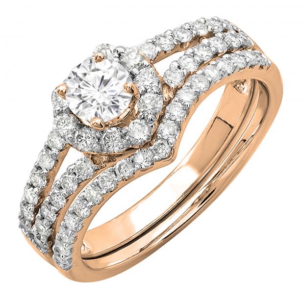 0.98 Carat (ctw) 14K Rose Gold Round White Diamond Ladies Heart Shape Engagement Ring Set 1 CT