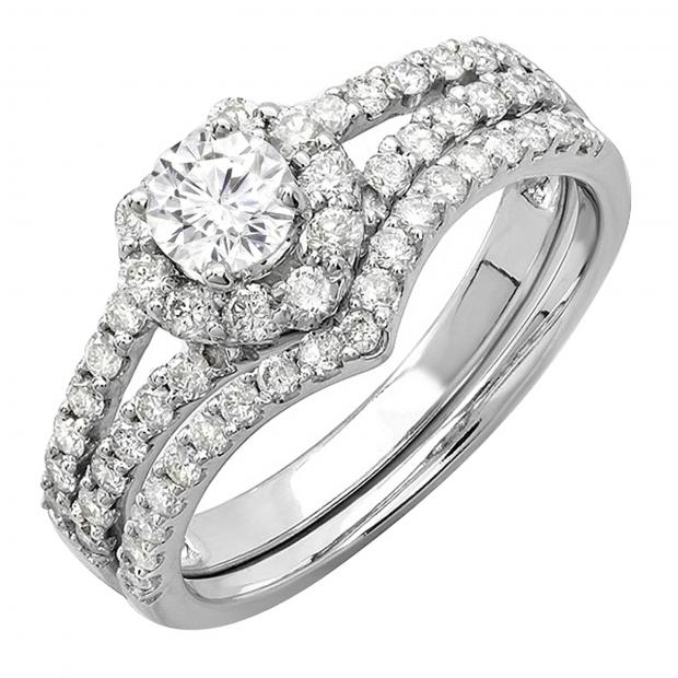 0.98 Carat (ctw) 14K White Gold Round White Diamond Ladies Heart Shape Engagement Ring Set 1 CT
