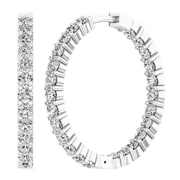 2.95 Carat (ctw) 10K White Gold Round White Diamond Ladies Fine In And Out Hoop Earrings
