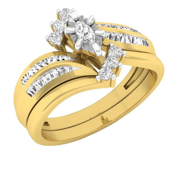 0.35 Carat (ctw) 10K Yellow Gold Marquise Baguette & Round Diamond Bridal Ring Set 1/3 CT