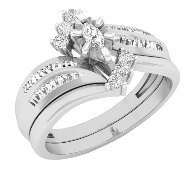 0.35 Carat (ctw) 14K White Gold Marquise Baguette & Round Diamond Bridal Ring Set 1/3 CT