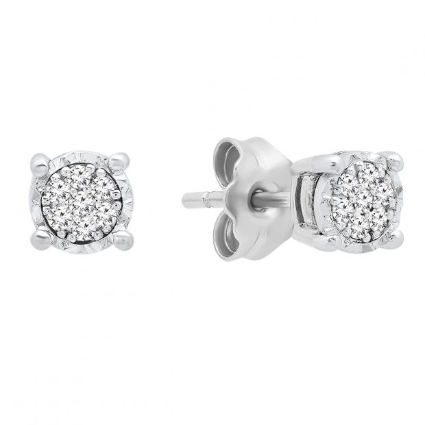 0.11 Carat (ctw) 10K White Gold Round Diamond Ladies Illusion Cluster Style Stud Earrings 1/10 CT