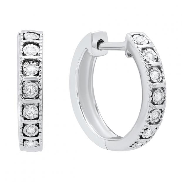 0.10 Carat (ctw) Sterling Silver Round White Diamond Ladies Huggies Hoop Earrings 1/10 CT