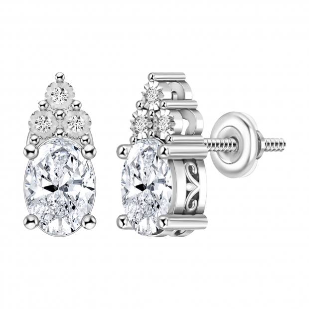 1.76 Cttw Oval & Round Cubic Zirconia Filigree Solitaire Stud Earrings, 925 Sterling Silver in Screw Back