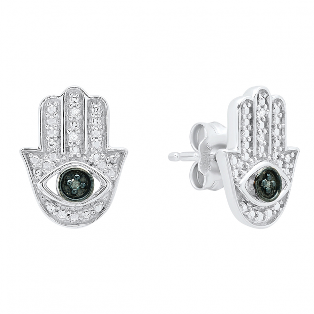 0.03 Carat (ctw) Sterling Silver Round White & Blue Diamond Ladies Hamsa Earrings