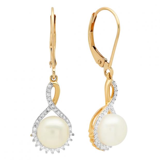 10K Yellow Gold 7.5 MM Each Round Pearl & White Diamond Ladies Dangling Drop Earrings