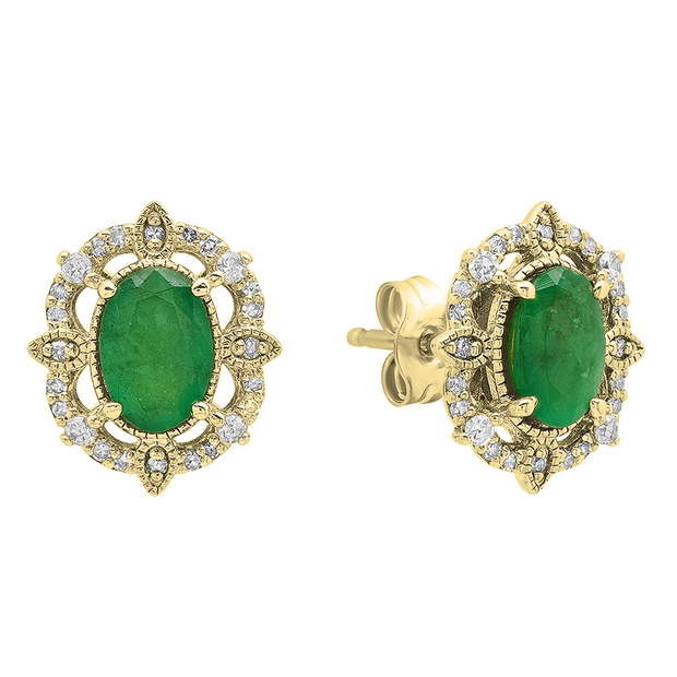 10K Yellow Gold 6X4 MM Oval Emerlad & Round Diamond Ladies Stud Earrings