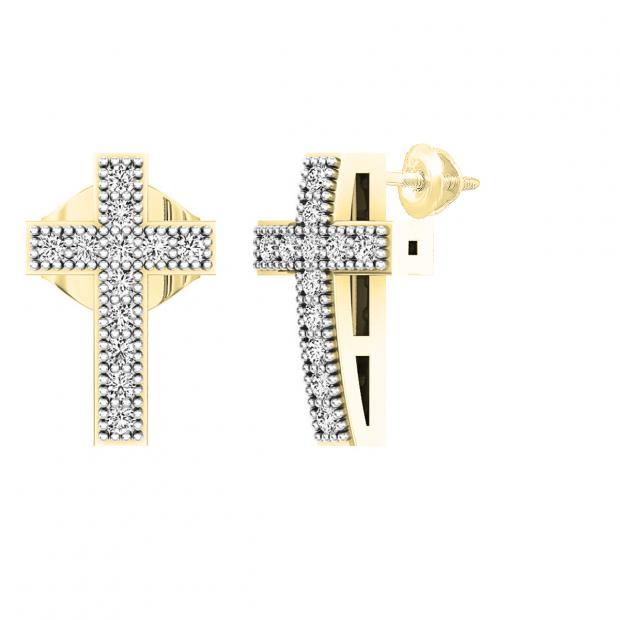 0.10 Carat (ctw) 14K Yellow Gold Round White Diamond Ladies Cross Stud Earrings 1/10 CT