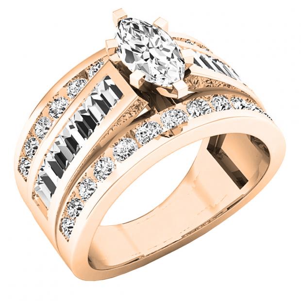 2.35 Carat (ctw) 14K Rose Gold Round Baguette & Marquise Diamond Ladies Bridal Engagement Ring