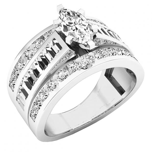 2.35 Carat (ctw) 14K White Gold Round Baguette & Marquise Diamond Ladies Bridal Engagement Ring