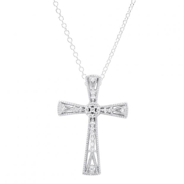 0.10 Carat (ctw) Sterling Silver Round White Diamond Ladies Vintage Style Cross Pendant 1/10 CT