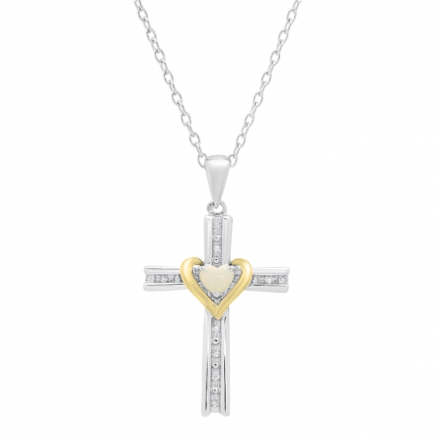 Sterling Silver 4 MM Heart Opal & Round White Diamond Ladies Heart Cross Pendant