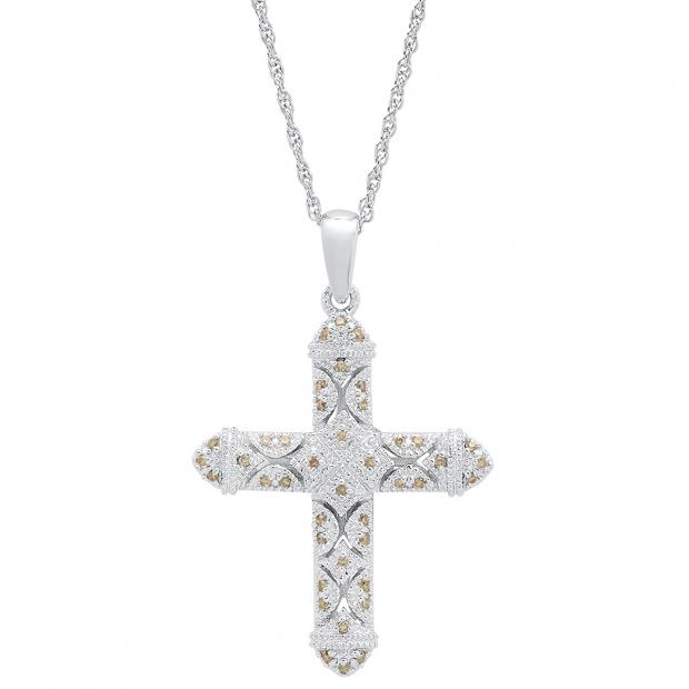 0.25 Carat (ctw) Sterling Silver Round Champagne Diamond Ladies Vintage Style Cross Pendant 1/4 CT