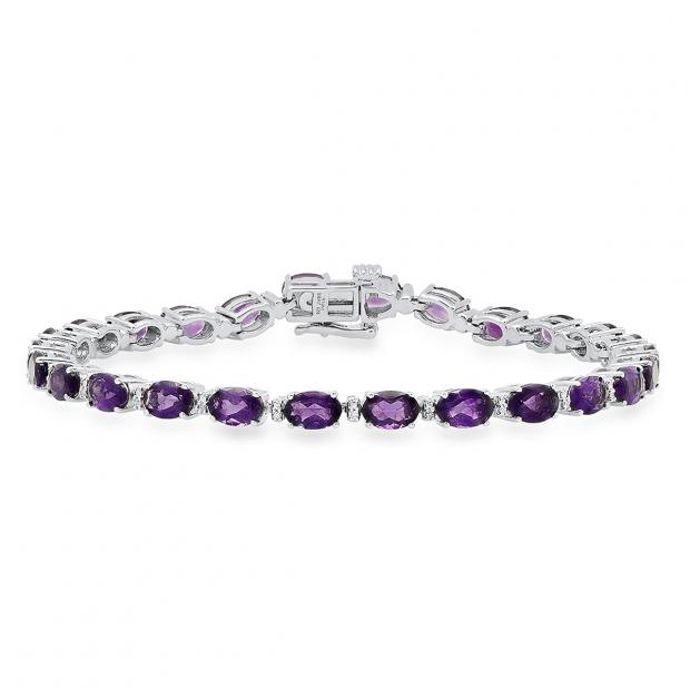 Sterling Silver 4X6 MM Oval Amethyst & Round White Diamond Ladies Tennis Bracelet