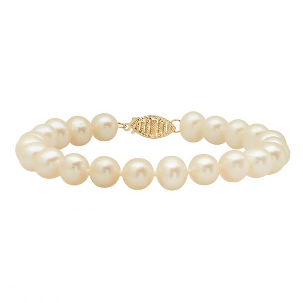14K Yellow Gold Round Cultured Fresh Water Pearl Strand Bracelet