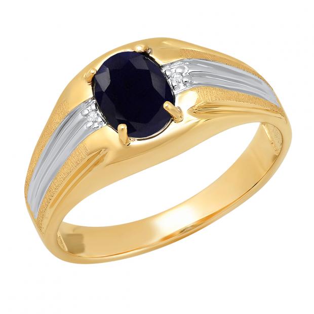 10K White & Yellow Gold 8X6 MM Oval Cabution Star Blue Sapphire & Round Diamond Mens Engagement Ring