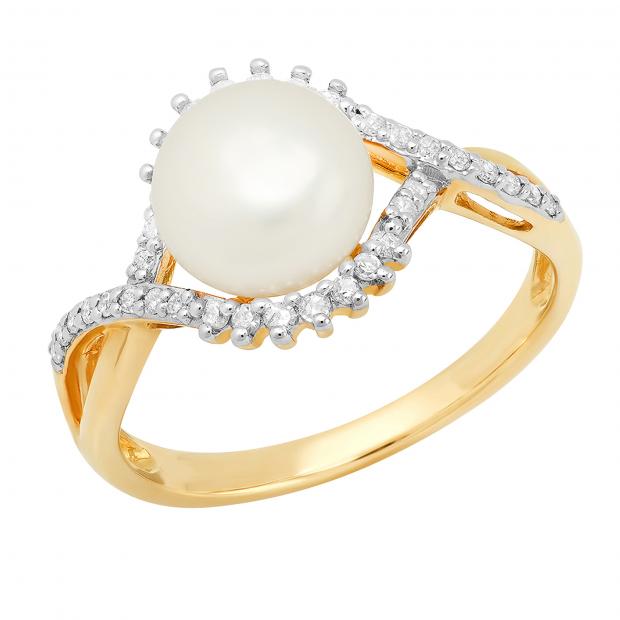 10K Yellow Gold 9 MM Round White Freshwater Pearl & White Diamond Ladies Split Shank Engagement Ring