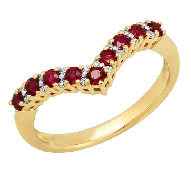 10K Yellow Gold Round Ruby & White Diamond Ladies Wedding Stackable Chevron Guard Band