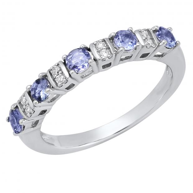14K White Gold Round Tanzanite & White Diamond Ladies Stackable Wedding Band