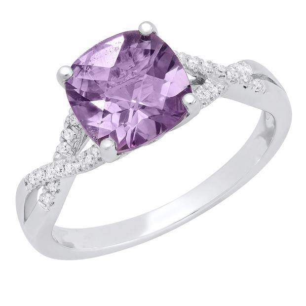 10K White & Rose Gold 8 MM Cushion Amethyst & Round Diamond Ladies Split Shank Engagement Ring