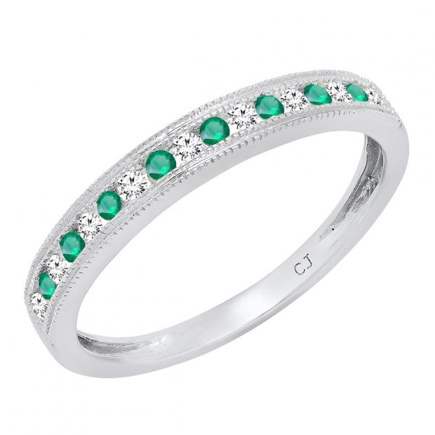 14K White Gold Round Emerald & Diamond Ladies Milgrain Anniversary Wedding Stackable Band