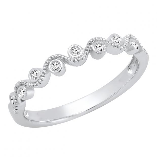 0.07 Carat (ctw) 10K White Gold Round White Diamond Ladies Milgrain Wedding Stackable Band