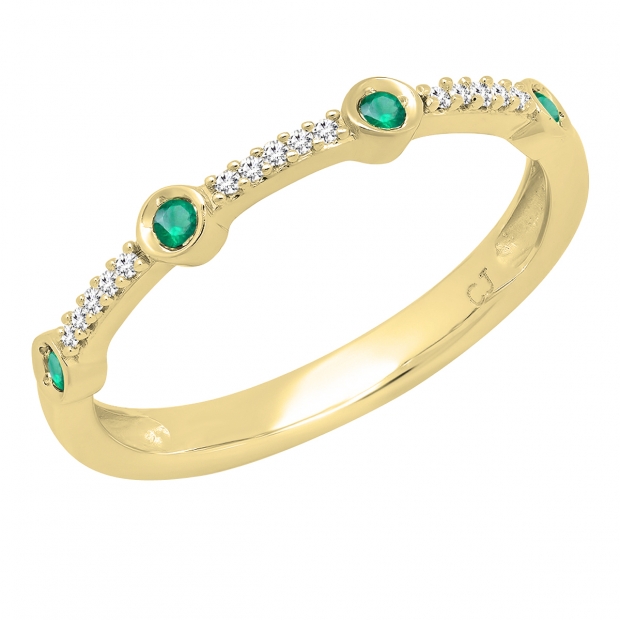 10K Yellow Gold Round Emerald & White Diamond Ladies Anniversary Wedding Band