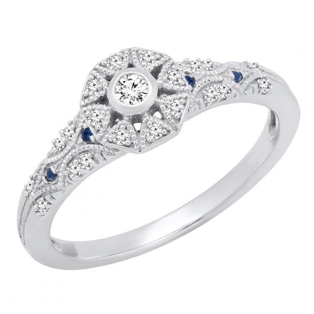 10K White Gold Round Blue Sapphire & White Diamond Ladies Octagonal Frame Engagement Ring