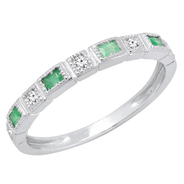 14K White Gold Baguette Emerald & Round White Diamond Ladies Anniversary Wedding Band